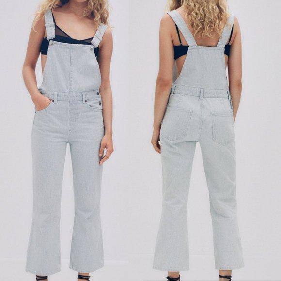 Zara Pin Striped Light Blue Denim Jumpsuit Ankle Straight Leg Overall Pant M - Picture 2 of 9